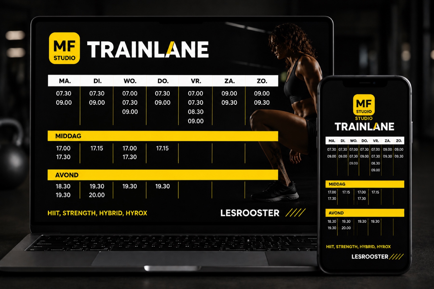 Trainlane lesrooster op laptop en telefoon met HIIT, Strength, Hybrid en HYROX